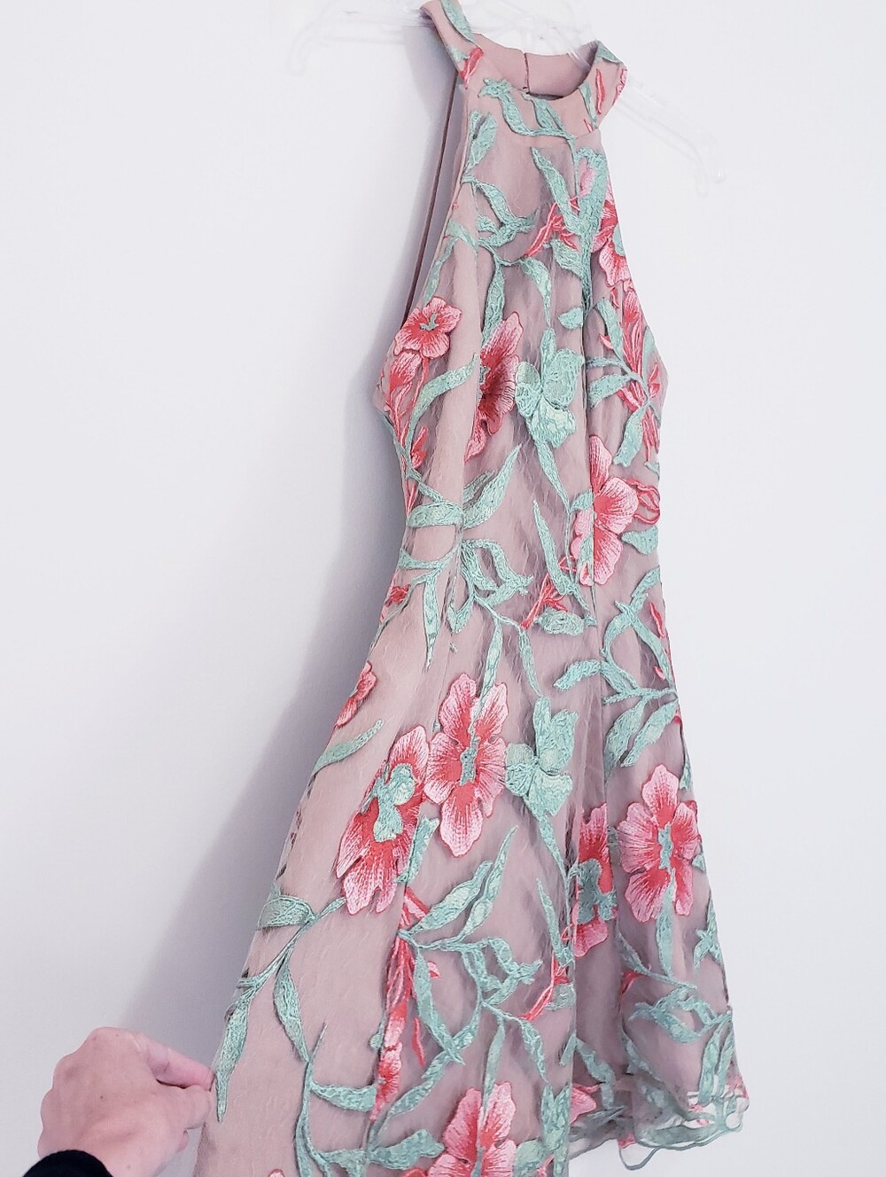 Dress The Population Abbie Floral Halter Dress Skater Coral Beige Lace Medium - Picture 4 of 11